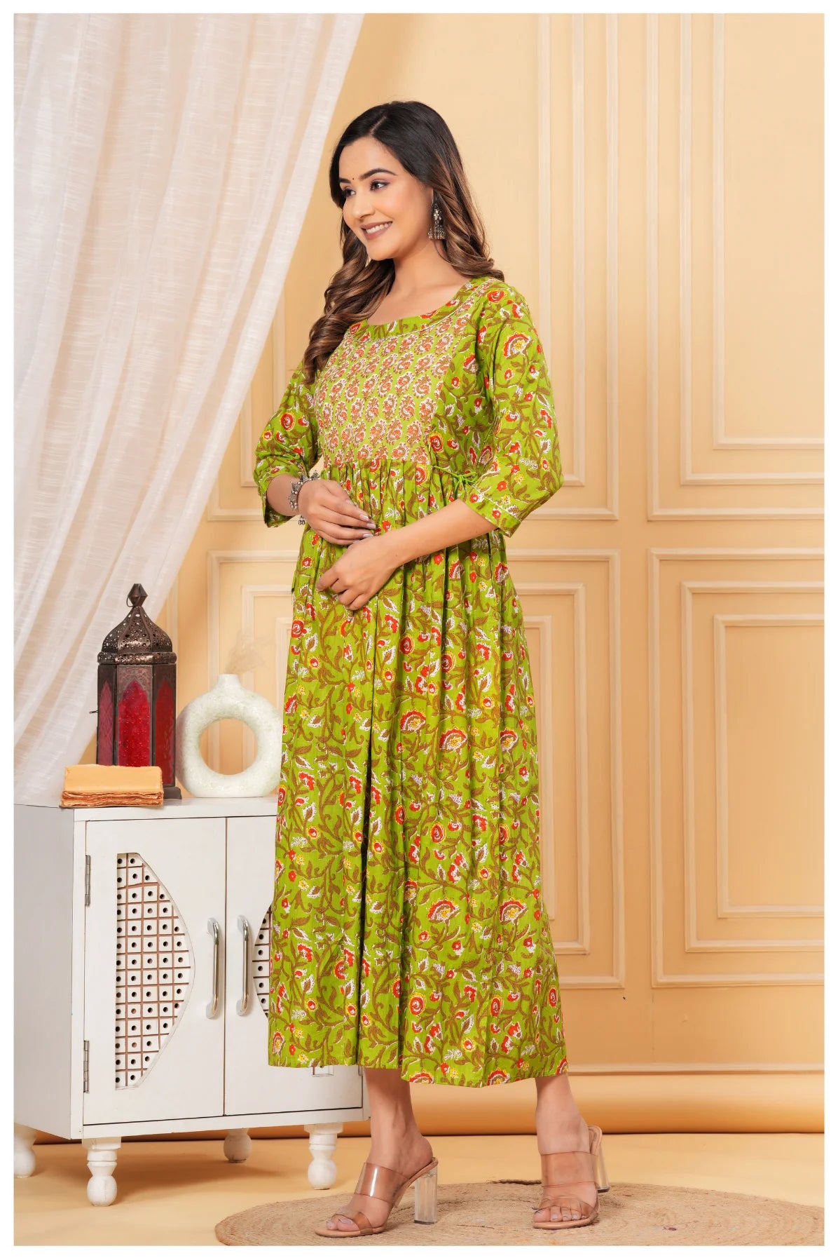 Green Printed Maternity & Feeding Midi Dress for Women