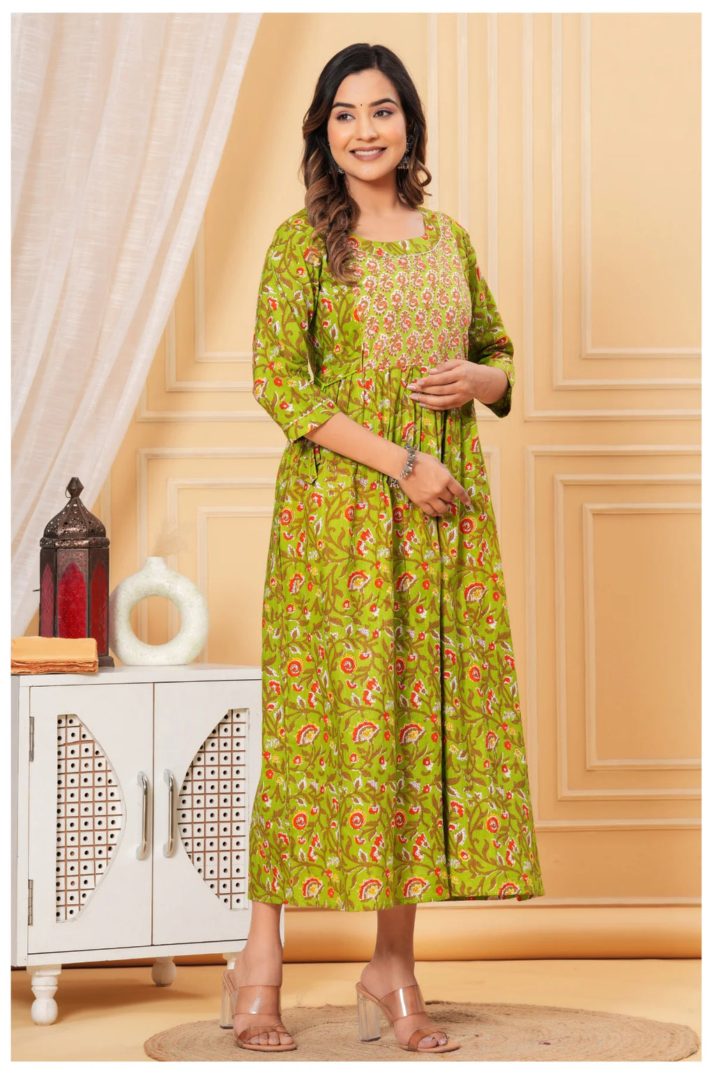Green Printed Maternity & Feeding Midi Dress for Women