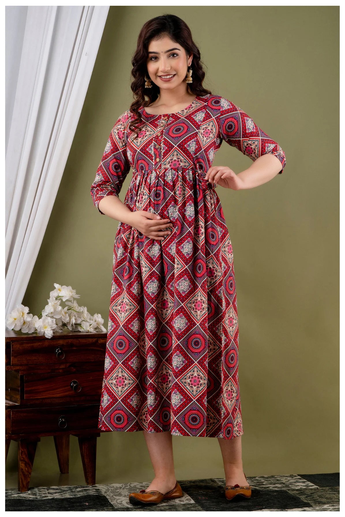 Red Multicolor Printed Maternity & Feeding Midi Dress for Women