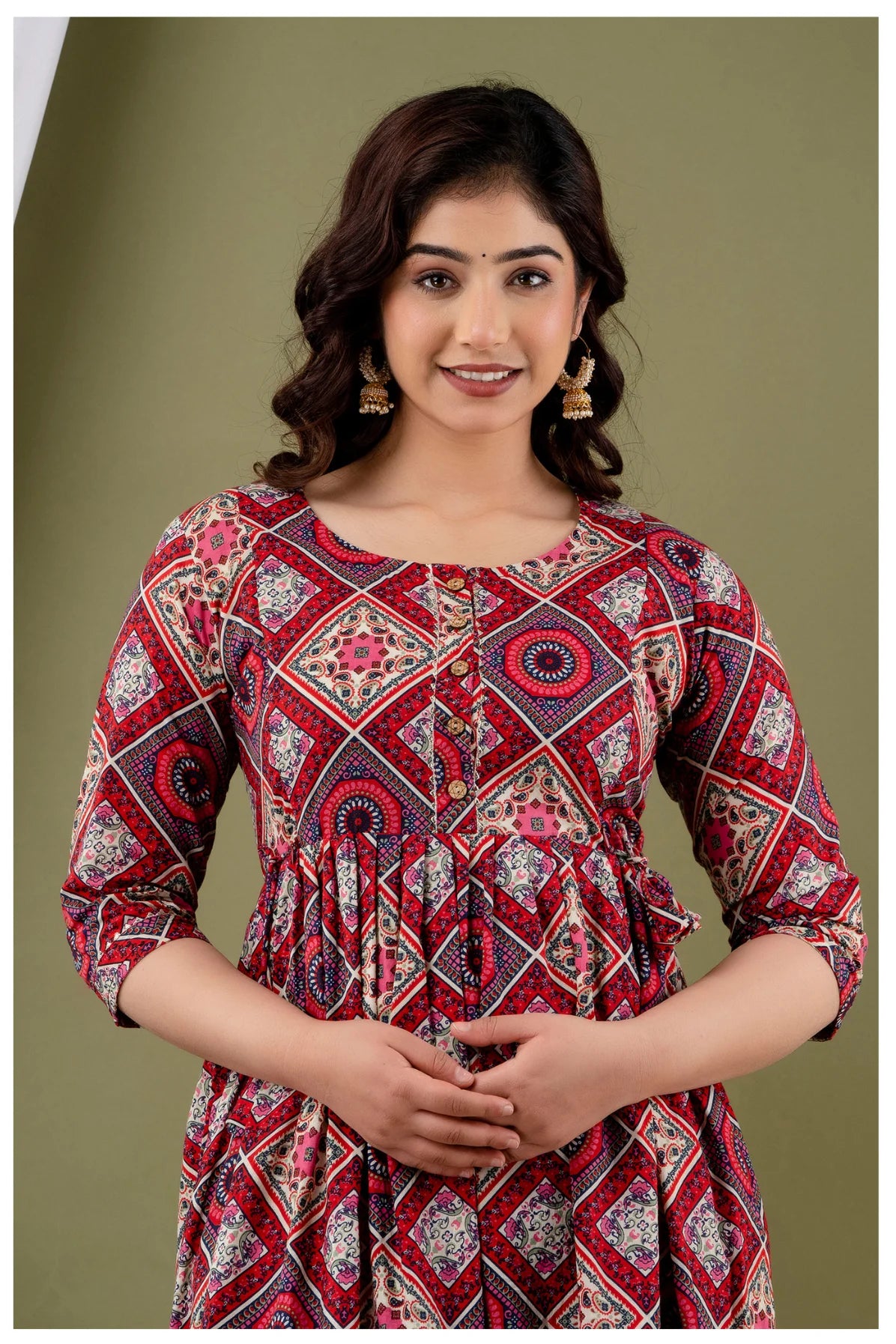 Red Multicolor Printed Maternity & Feeding Midi Dress for Women