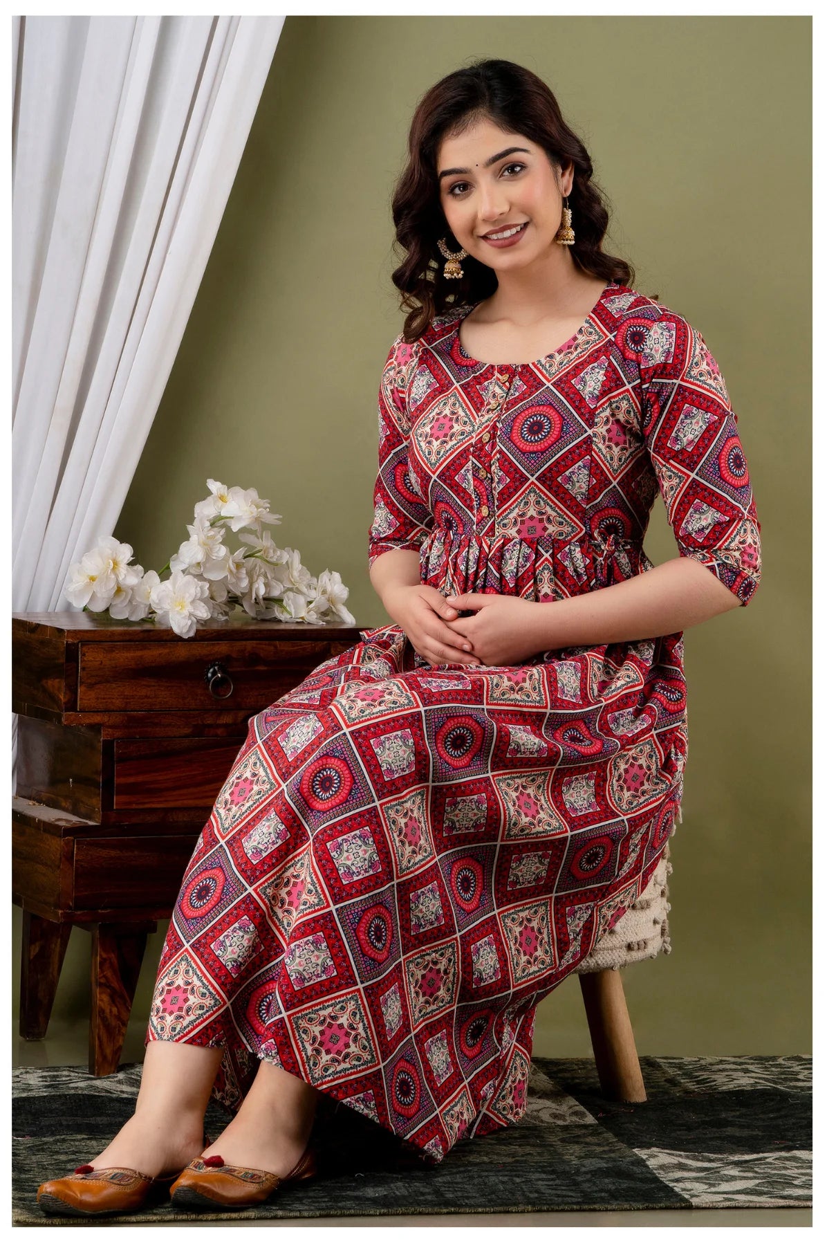 Red Multicolor Printed Maternity & Feeding Midi Dress for Women