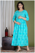 Turquoise Printed Maternity & Feeding Midi Dress for Women