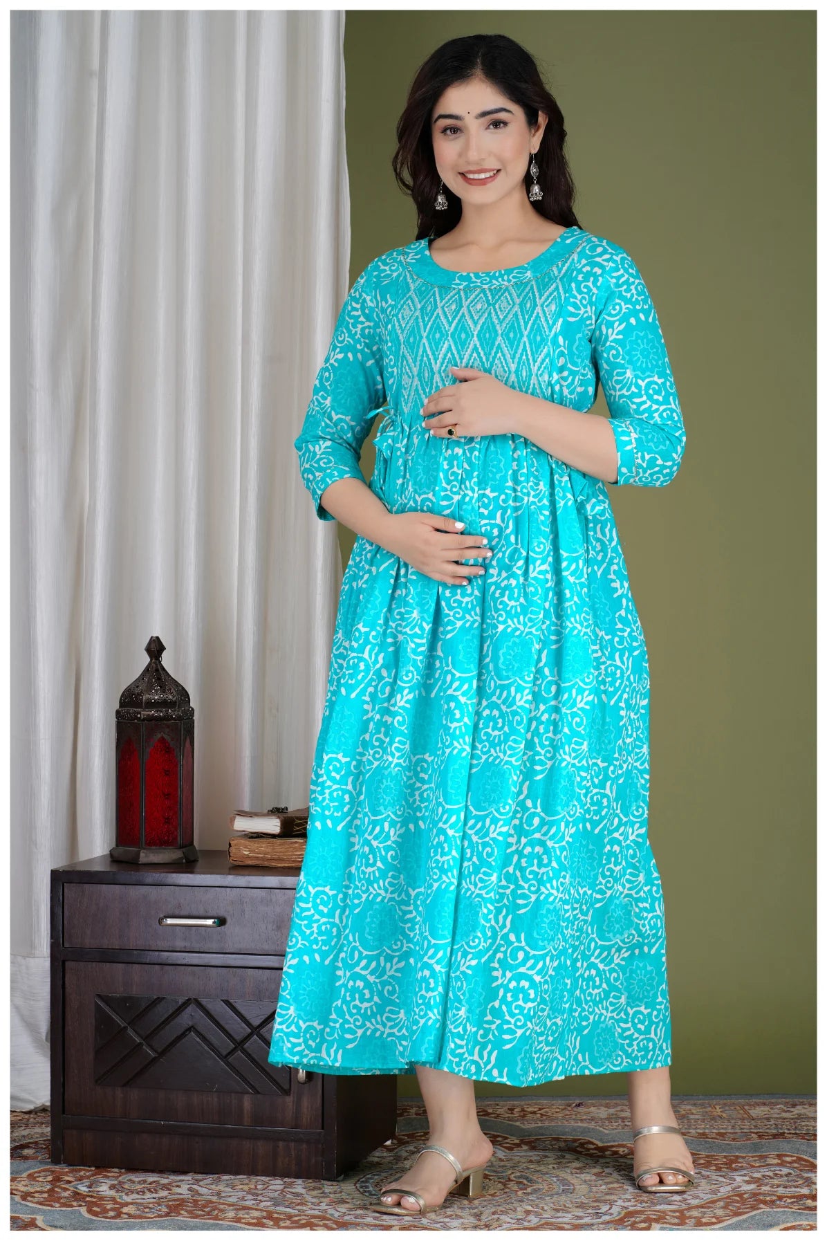 Turquoise Printed Maternity & Feeding Midi Dress for Women