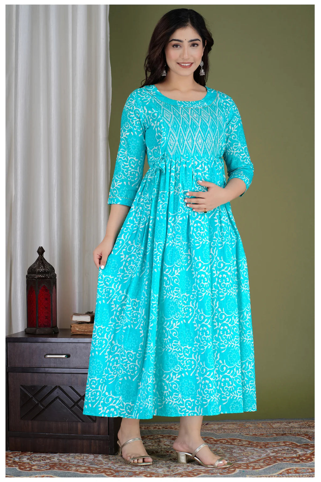 Turquoise Printed Maternity & Feeding Midi Dress for Women