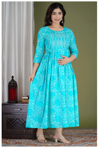 Turquoise Printed Maternity & Feeding Midi Dress for Women