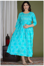 Turquoise Printed Maternity & Feeding Midi Dress for Women