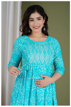 Turquoise Printed Maternity & Feeding Midi Dress for Women