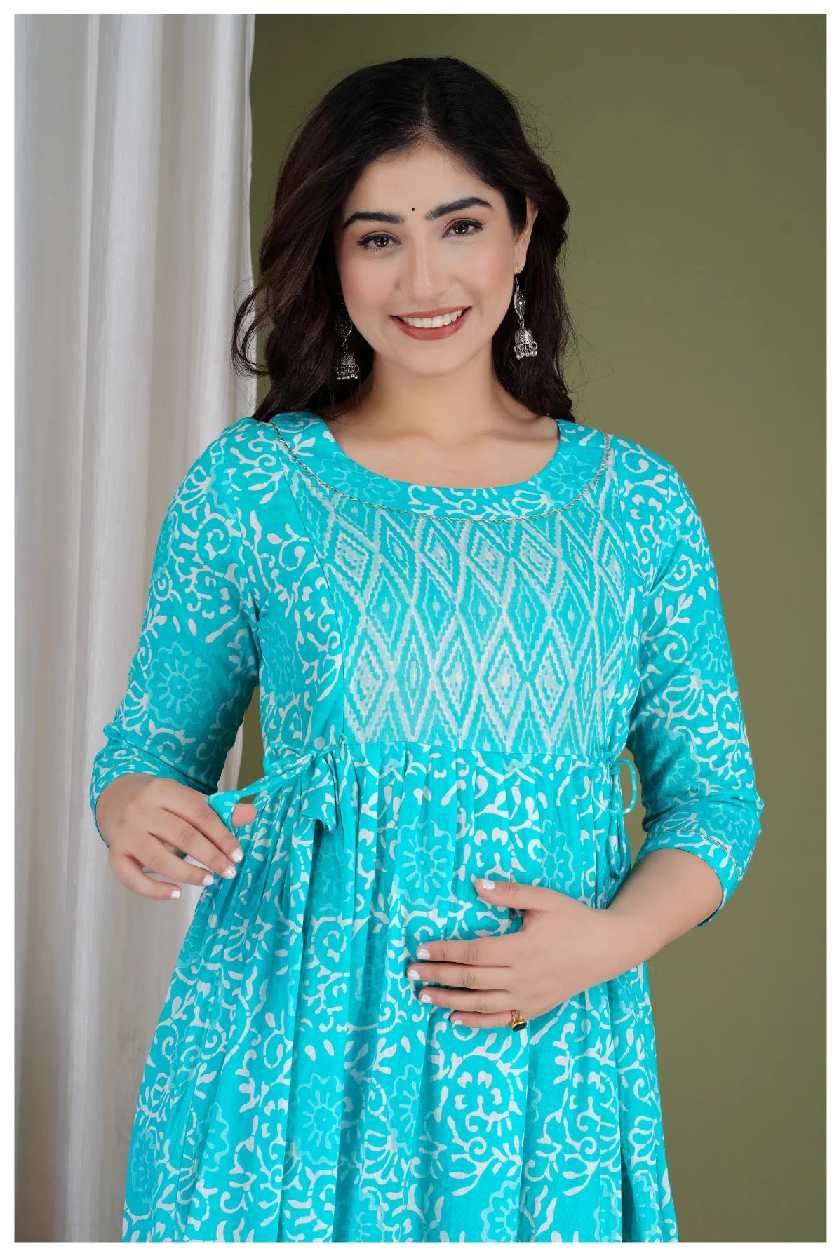 Turquoise Printed Maternity & Feeding Midi Dress for Women
