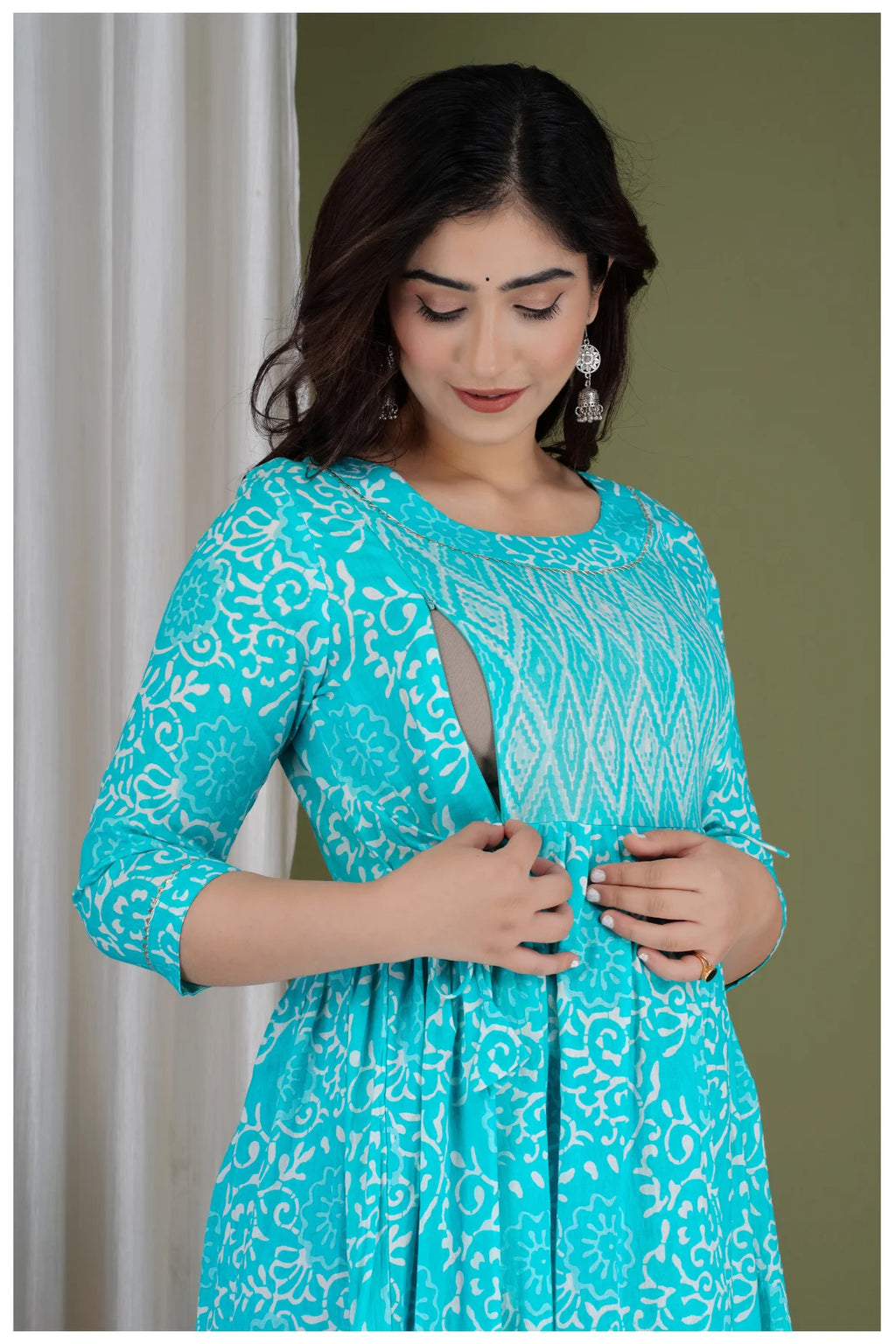Turquoise Printed Maternity & Feeding Midi Dress for Women