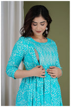 Turquoise Printed Maternity & Feeding Midi Dress for Women