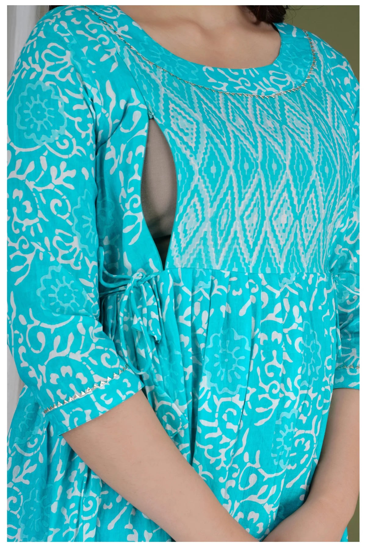 Turquoise Printed Maternity & Feeding Midi Dress for Women
