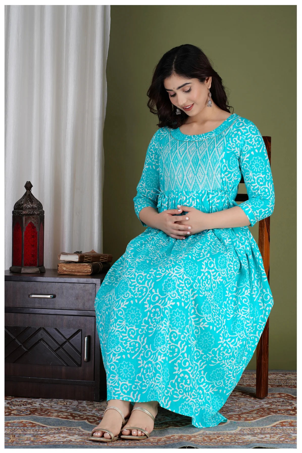 Turquoise Printed Maternity & Feeding Midi Dress for Women