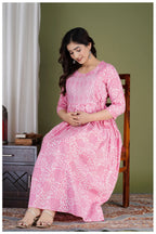 Pink Printed Maternity & Feeding Midi Dress for Women