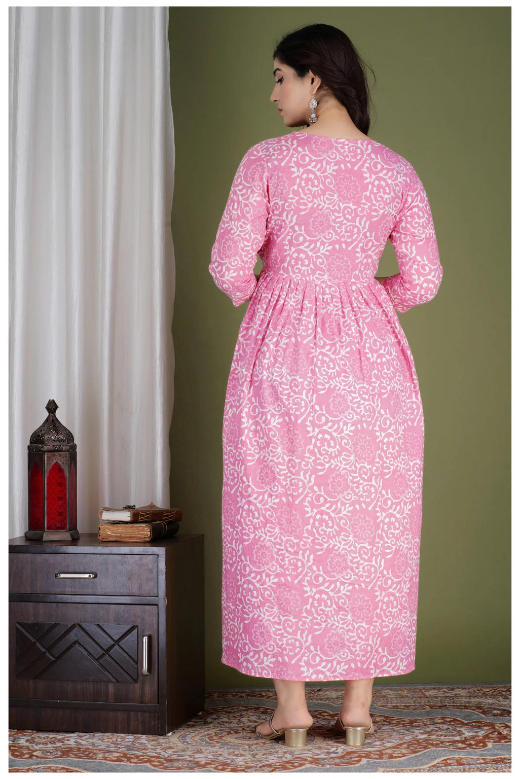 Pink Printed Maternity & Feeding Midi Dress for Women
