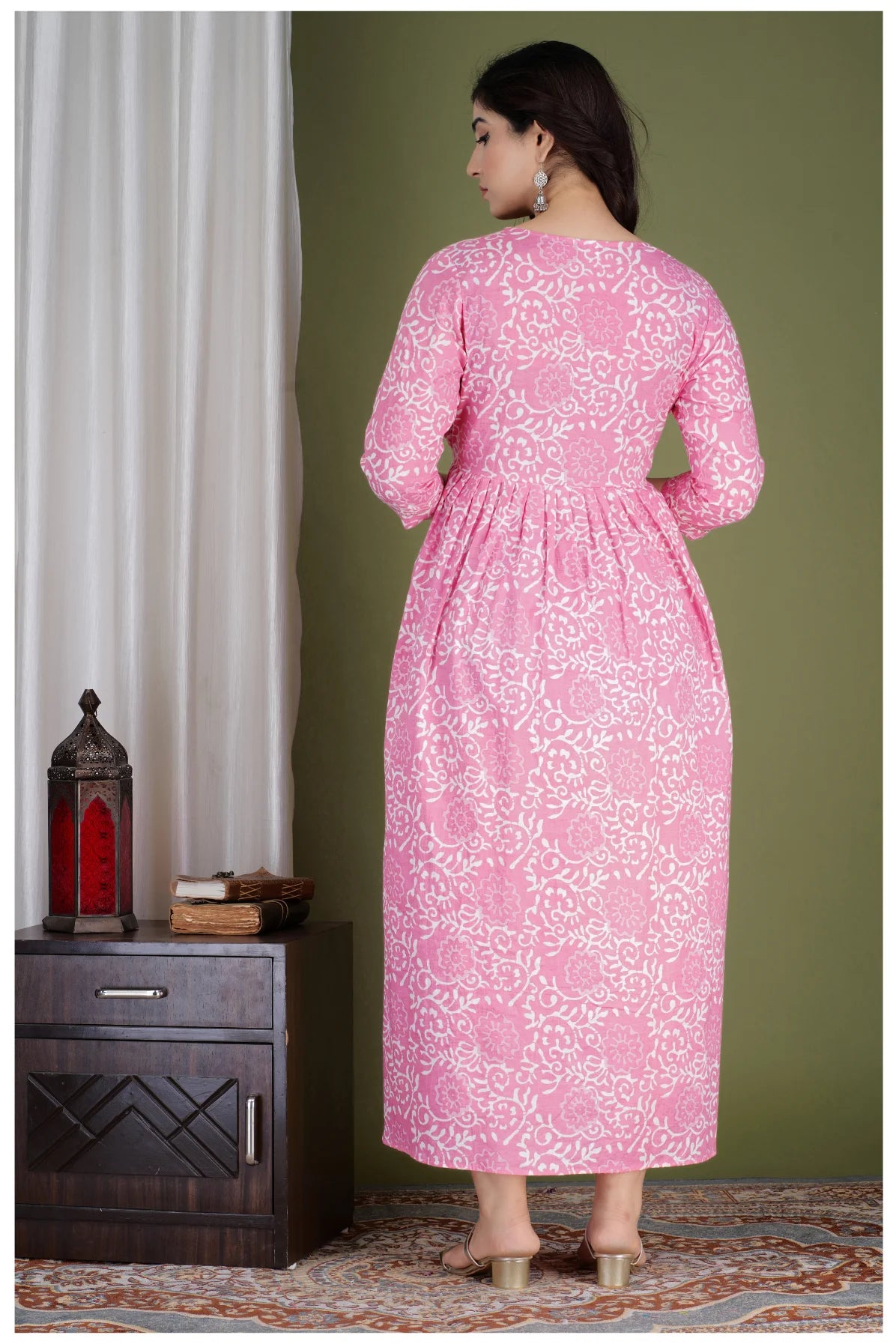 Pink Printed Maternity & Feeding Midi Dress for Women
