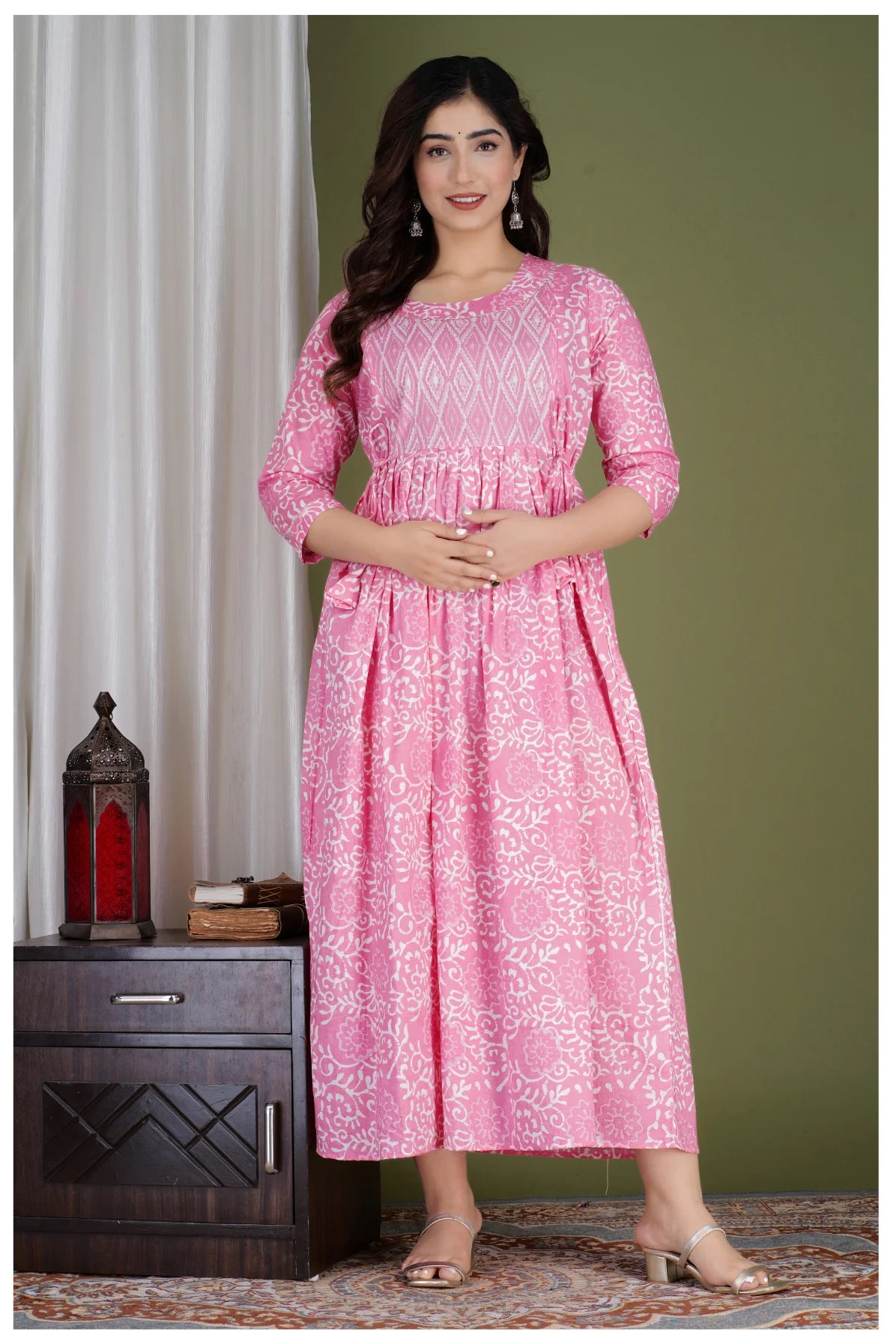 Pink Printed Maternity & Feeding Midi Dress for Women