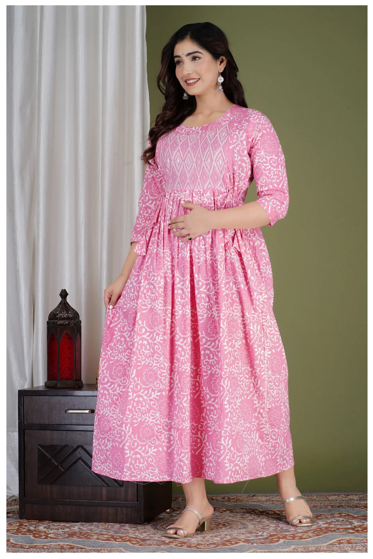 Pink Printed Maternity & Feeding Midi Dress for Women