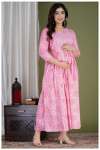 Pink Printed Maternity & Feeding Midi Dress for Women