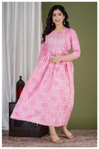Pink Printed Maternity & Feeding Midi Dress for Women