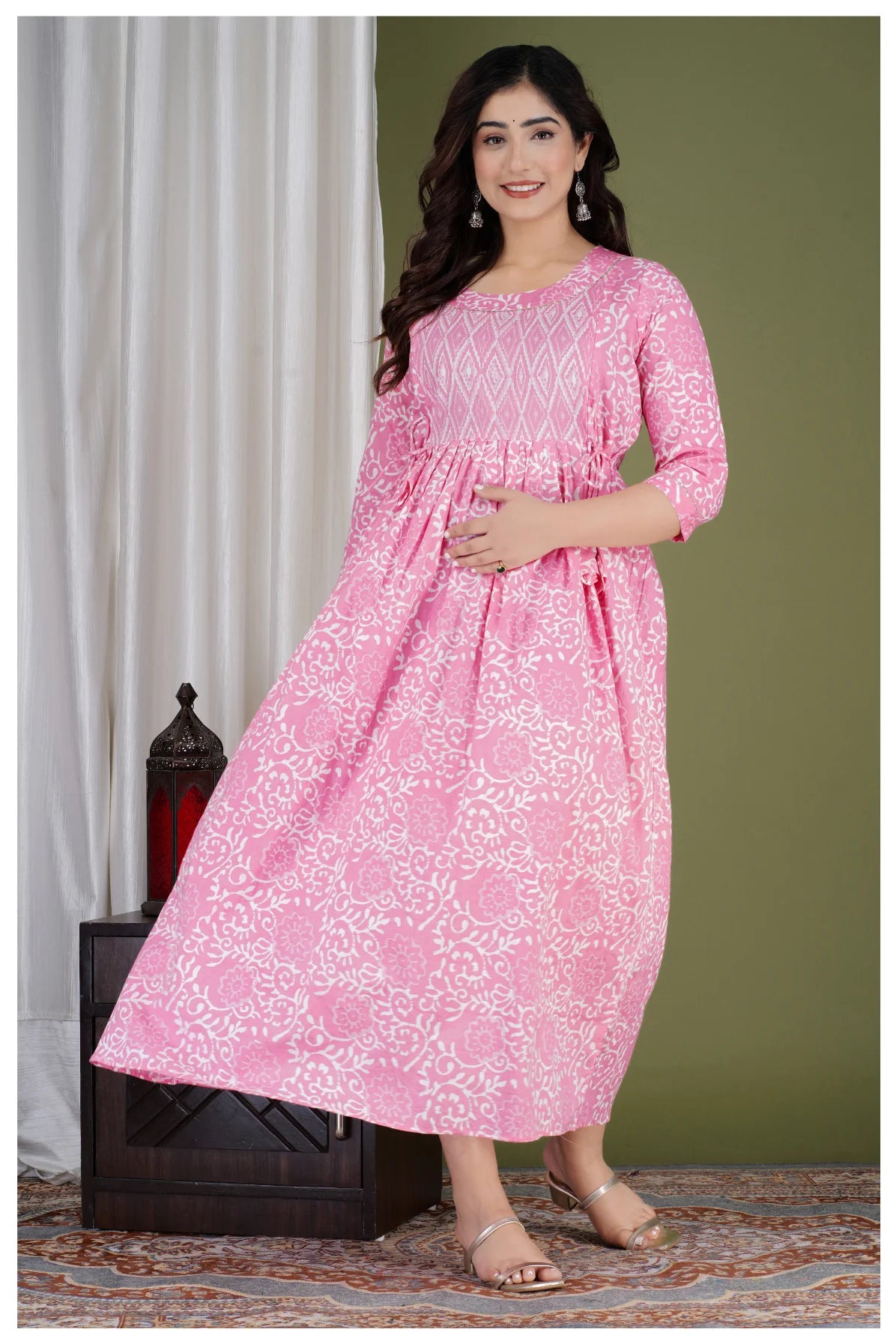Pink Printed Maternity & Feeding Midi Dress for Women