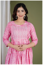 Pink Printed Maternity & Feeding Midi Dress for Women