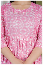 Pink Printed Maternity & Feeding Midi Dress for Women