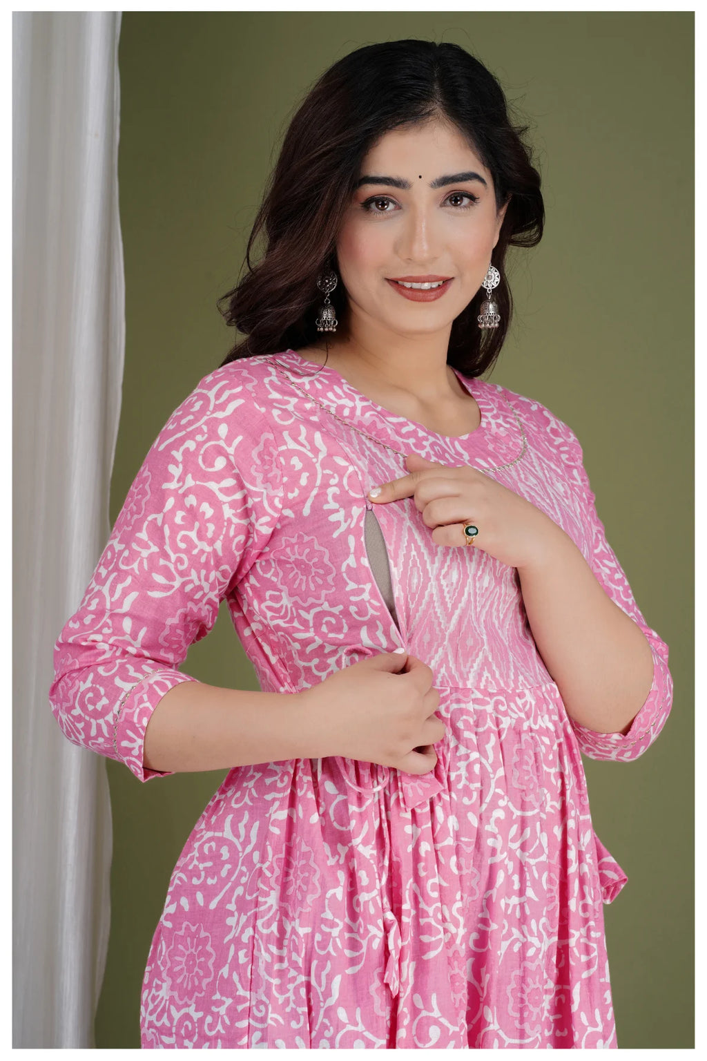 Pink Printed Maternity & Feeding Midi Dress for Women