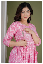 Pink Printed Maternity & Feeding Midi Dress for Women