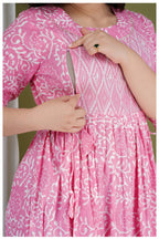 Pink Printed Maternity & Feeding Midi Dress for Women