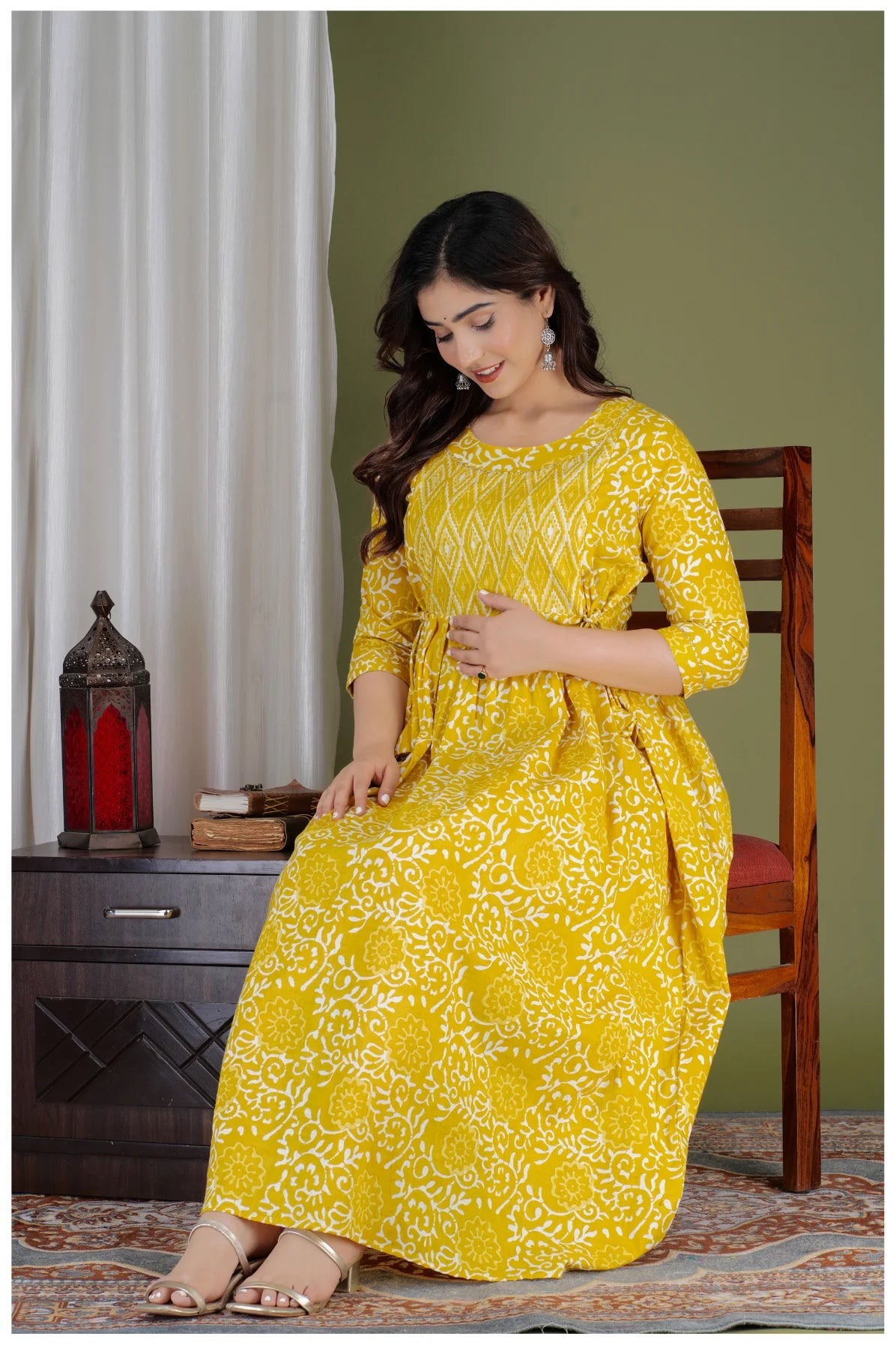 Yellow Cotton Printed Maternity & Nursing Dress with Side Zippers