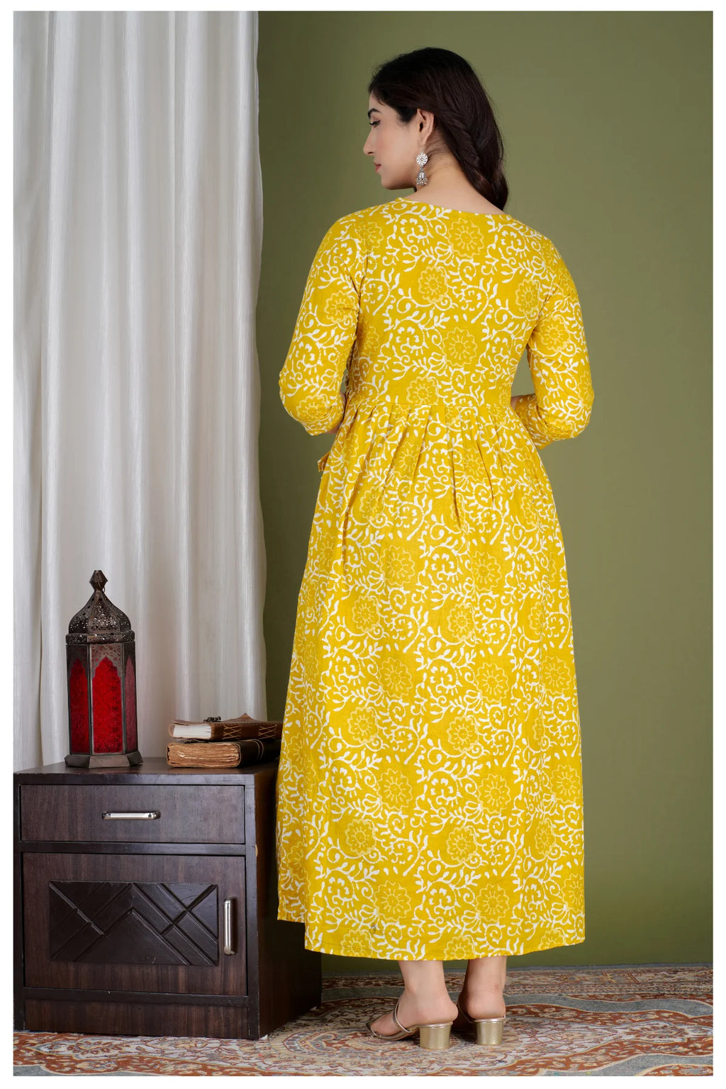 Yellow Cotton Printed Maternity & Nursing Dress with Side Zippers