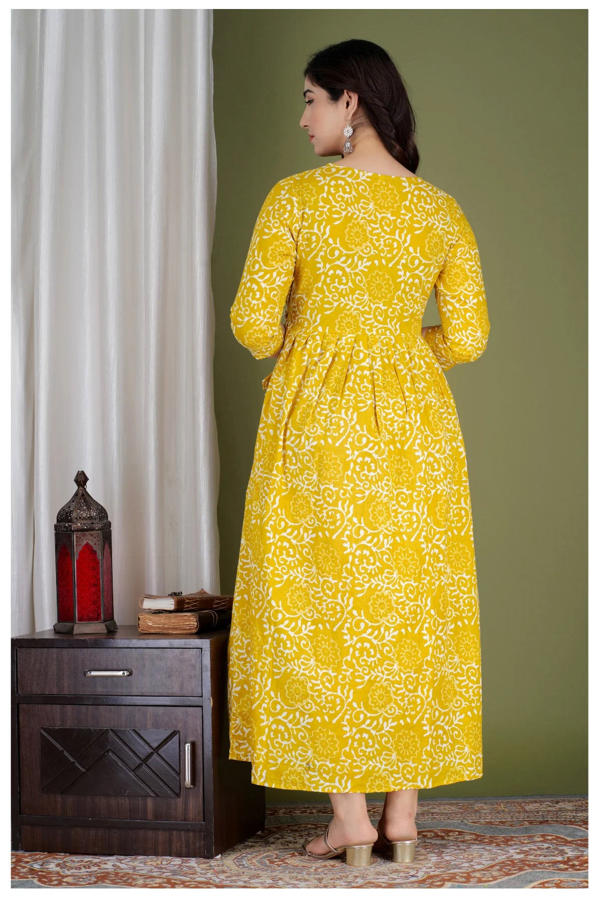 Yellow Cotton Printed Maternity & Nursing Dress with Side Zippers