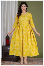Yellow Cotton Printed Maternity & Nursing Dress with Side Zippers
