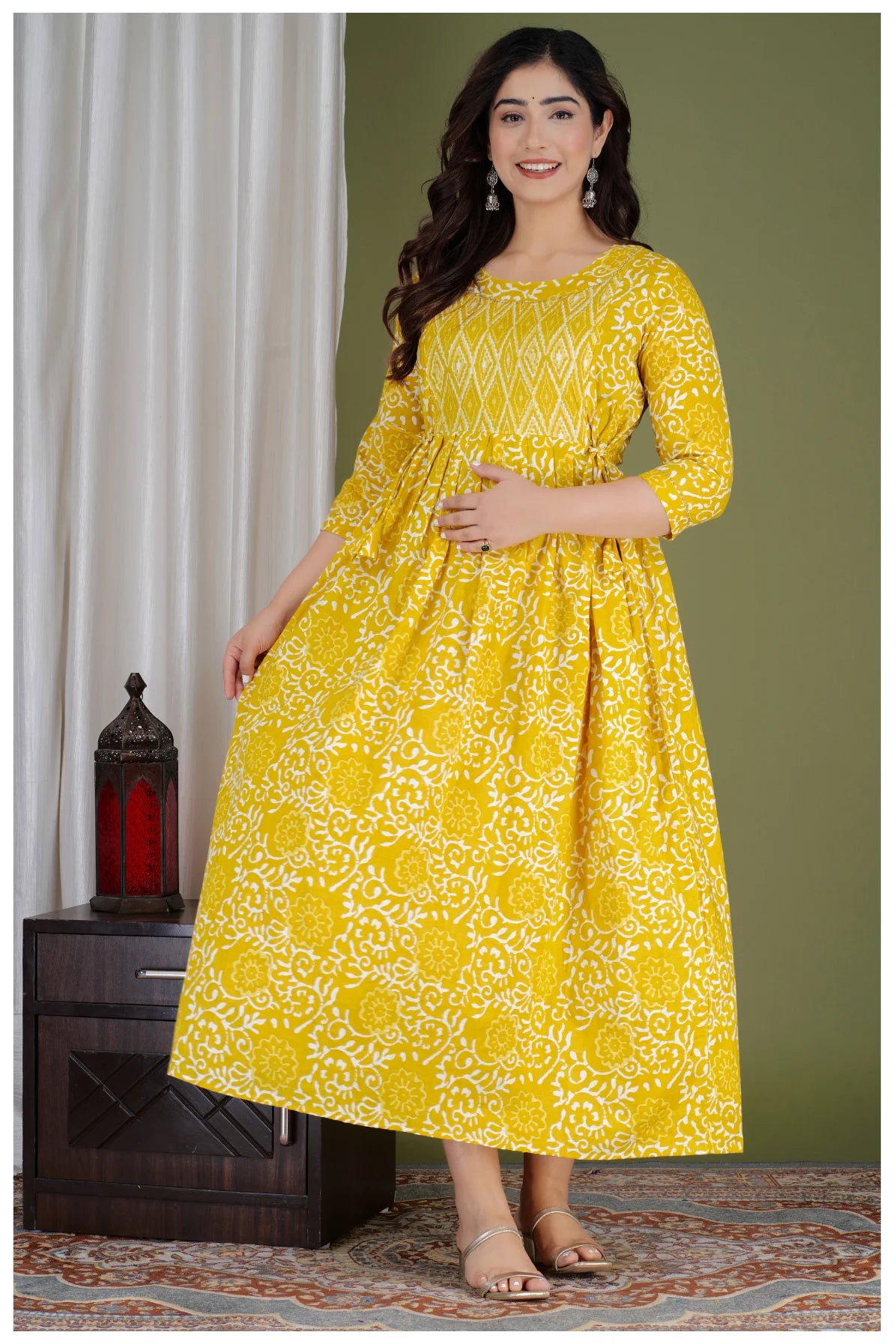 Yellow Cotton Printed Maternity & Nursing Dress with Side Zippers