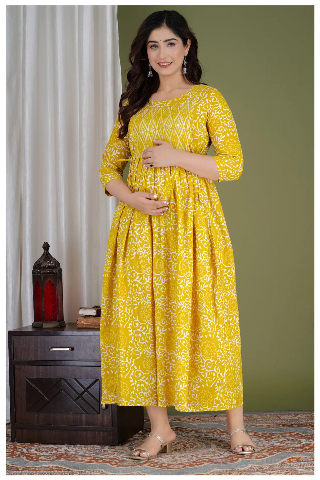 Yellow Cotton Printed Maternity & Nursing Dress with Side Zippers