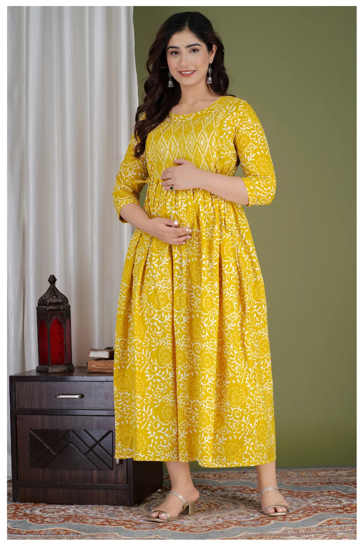 Yellow Cotton Printed Maternity & Nursing Dress with Side Zippers