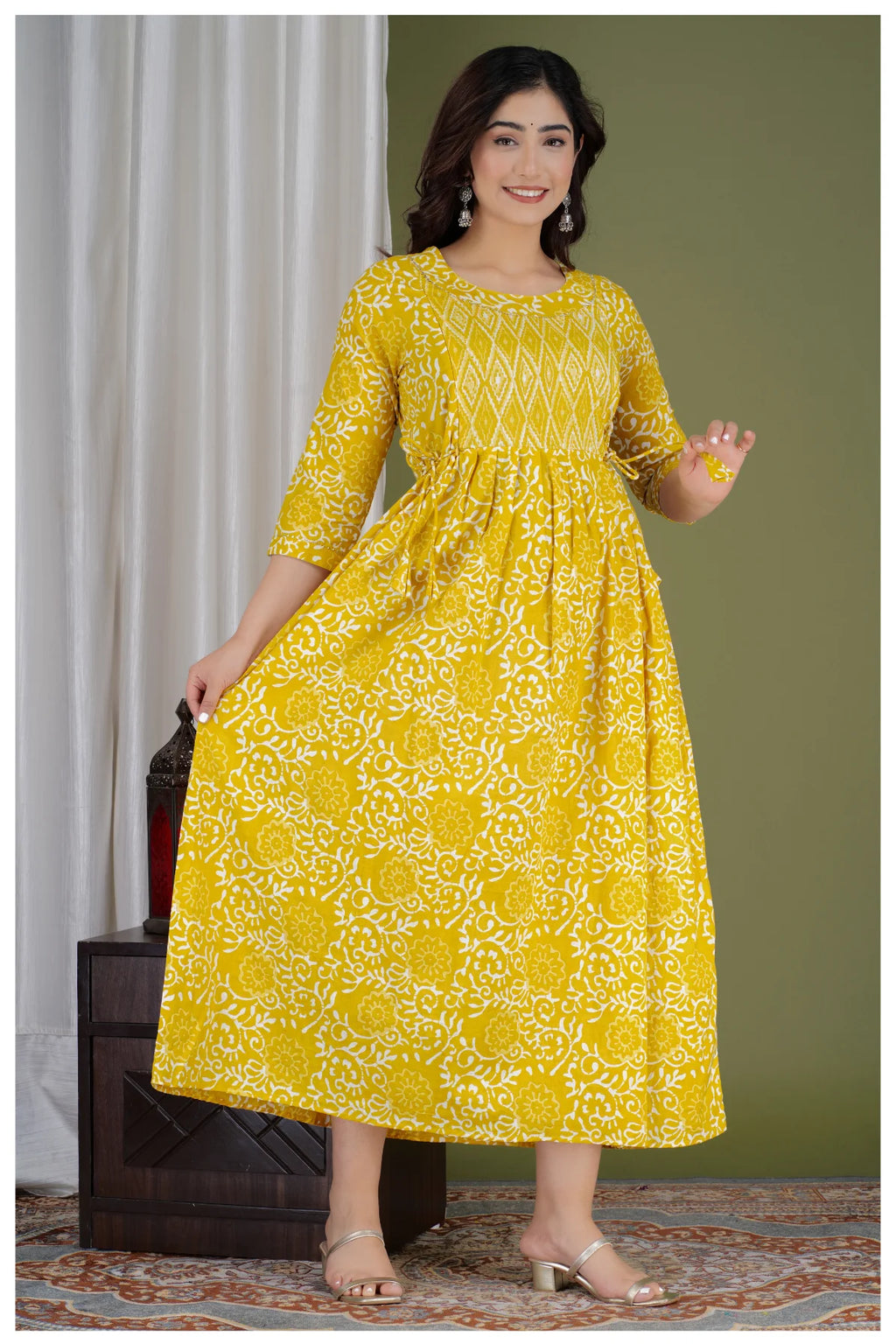 Yellow Cotton Printed Maternity & Nursing Dress with Side Zippers