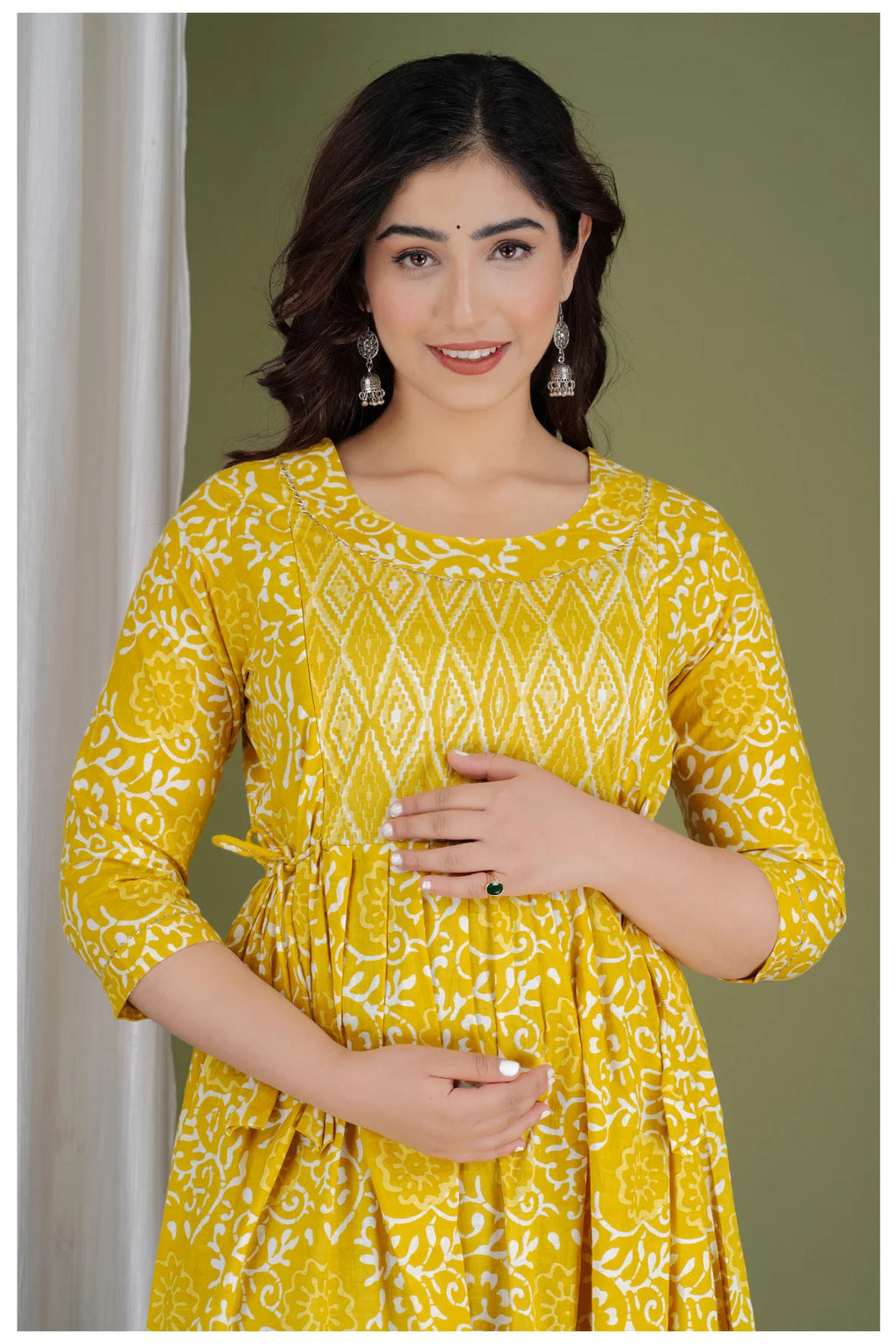 Yellow Cotton Printed Maternity & Nursing Dress with Side Zippers