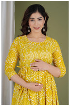 Yellow Cotton Printed Maternity & Nursing Dress with Side Zippers