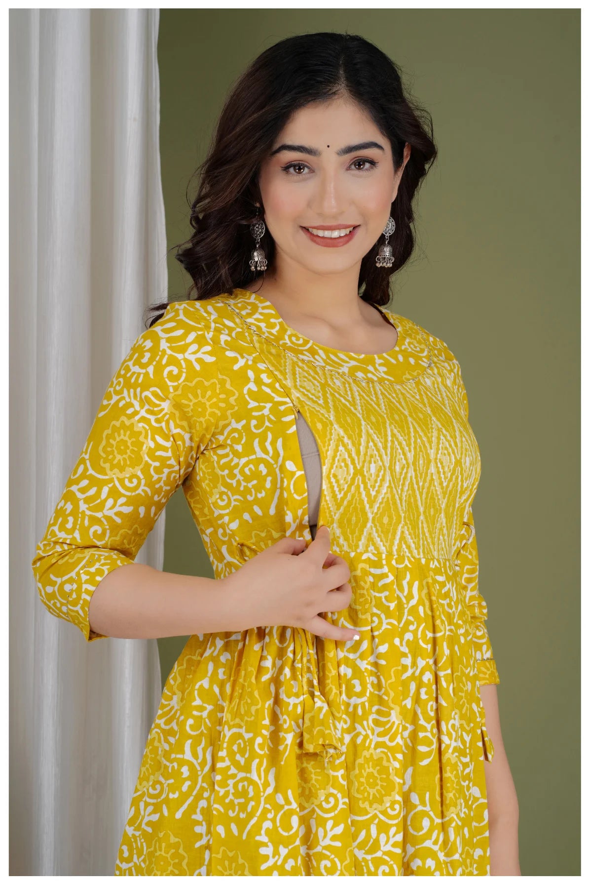 Yellow Cotton Printed Maternity & Nursing Dress with Side Zippers