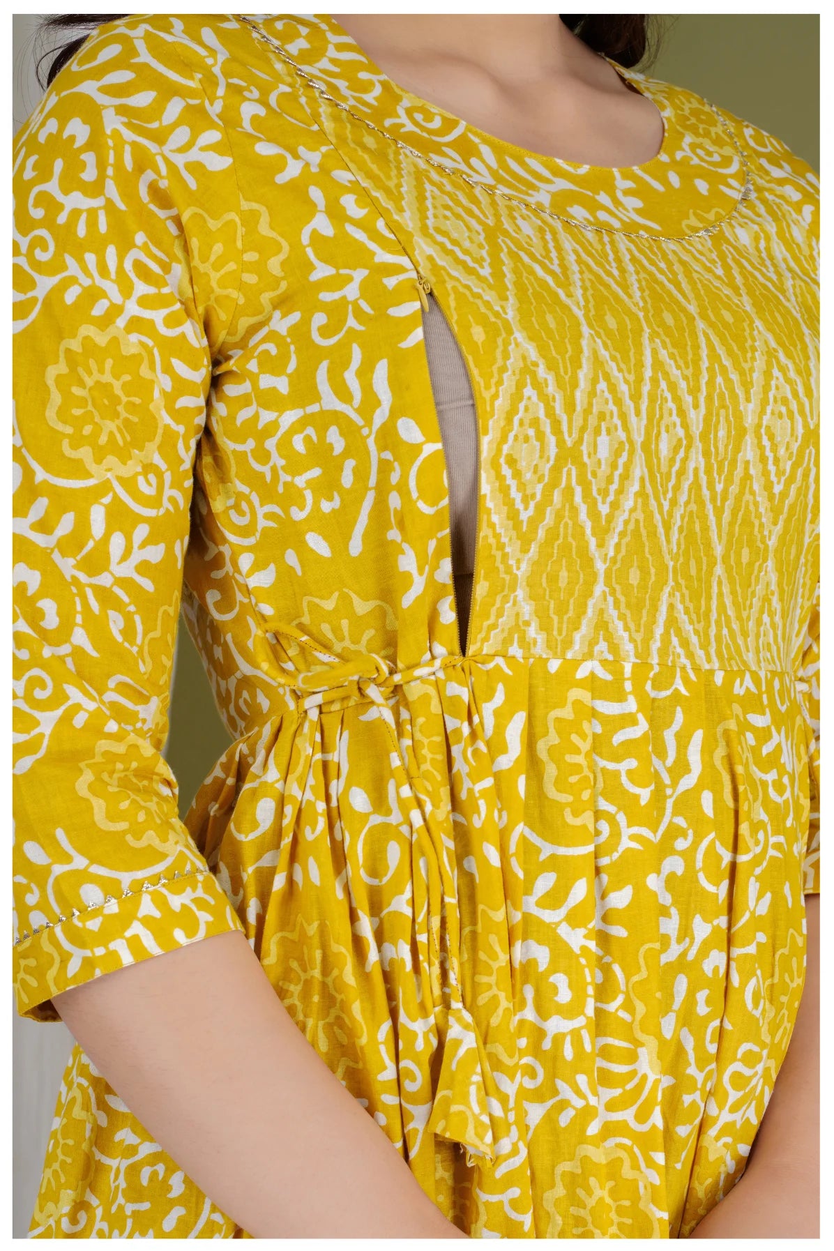 Yellow Cotton Printed Maternity & Nursing Dress with Side Zippers