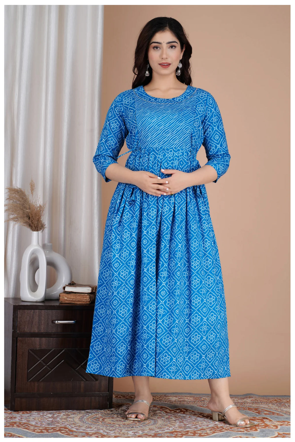 Blue Printed Cotton Maternity & Feeding Kurti with Side Zip