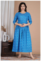 Blue Printed Cotton Maternity & Feeding Kurti with Side Zip