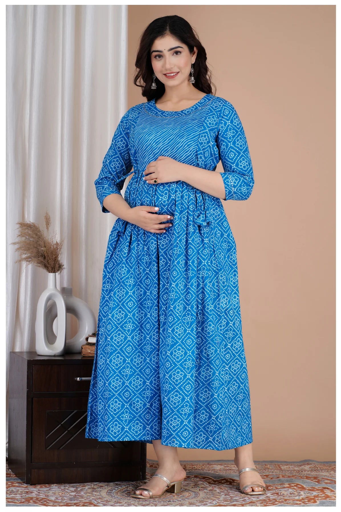 Blue Printed Cotton Maternity & Feeding Kurti with Side Zip