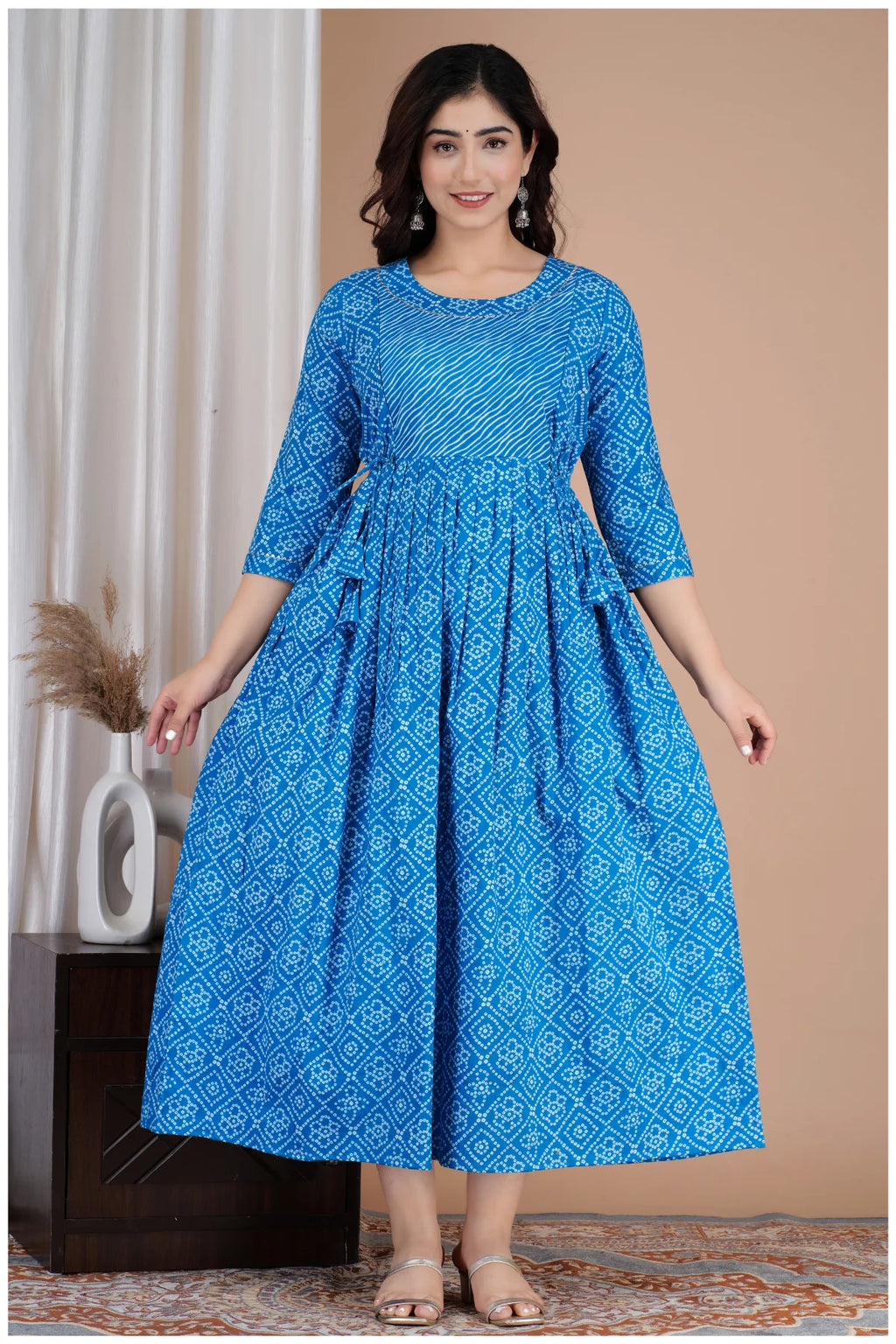 Blue Printed Cotton Maternity & Feeding Kurti with Side Zip