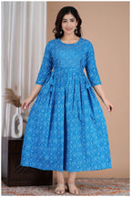 Blue Printed Cotton Maternity & Feeding Kurti with Side Zip
