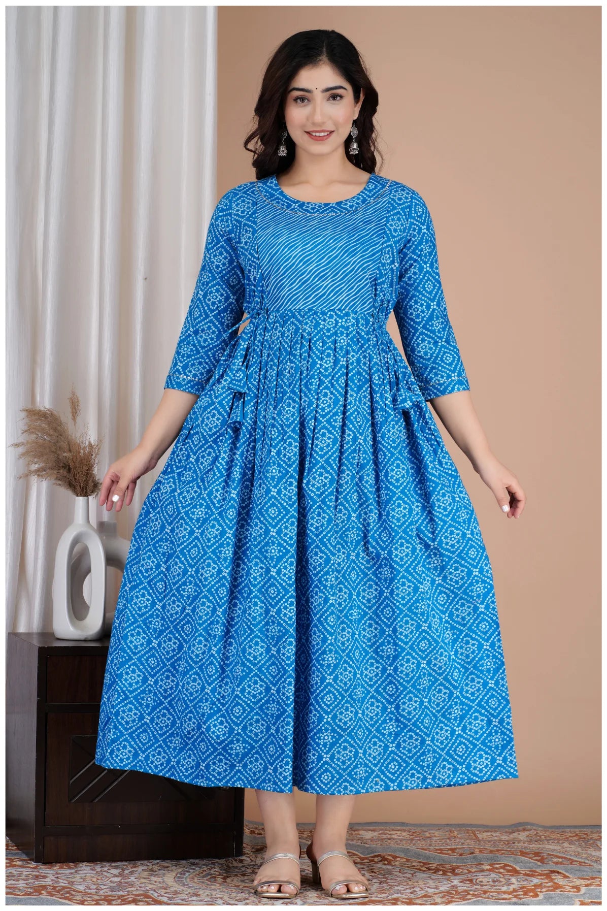Blue Printed Cotton Maternity & Feeding Kurti with Side Zip