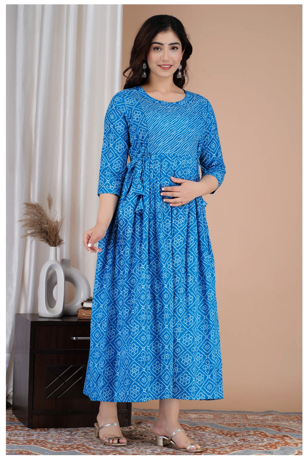 Blue Printed Cotton Maternity & Feeding Kurti with Side Zip
