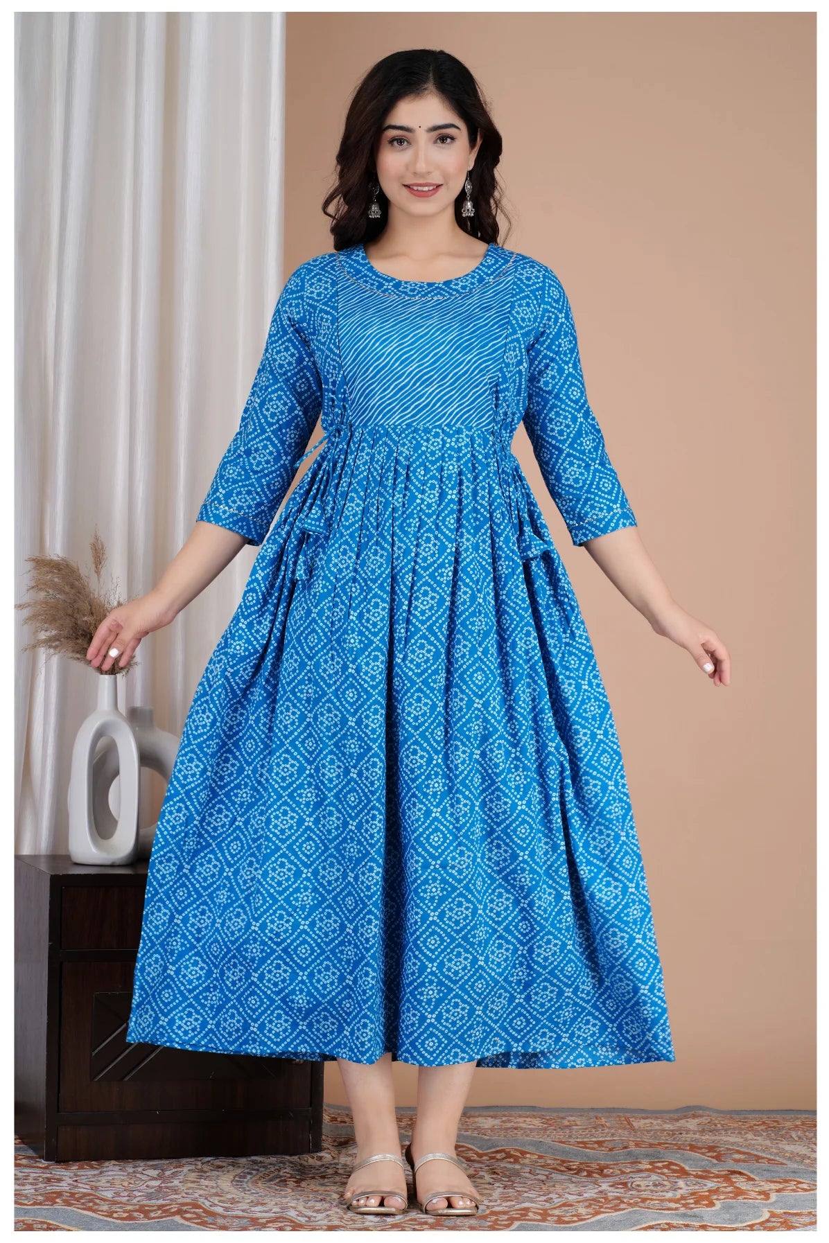 Blue Printed Cotton Maternity & Feeding Kurti with Side Zip