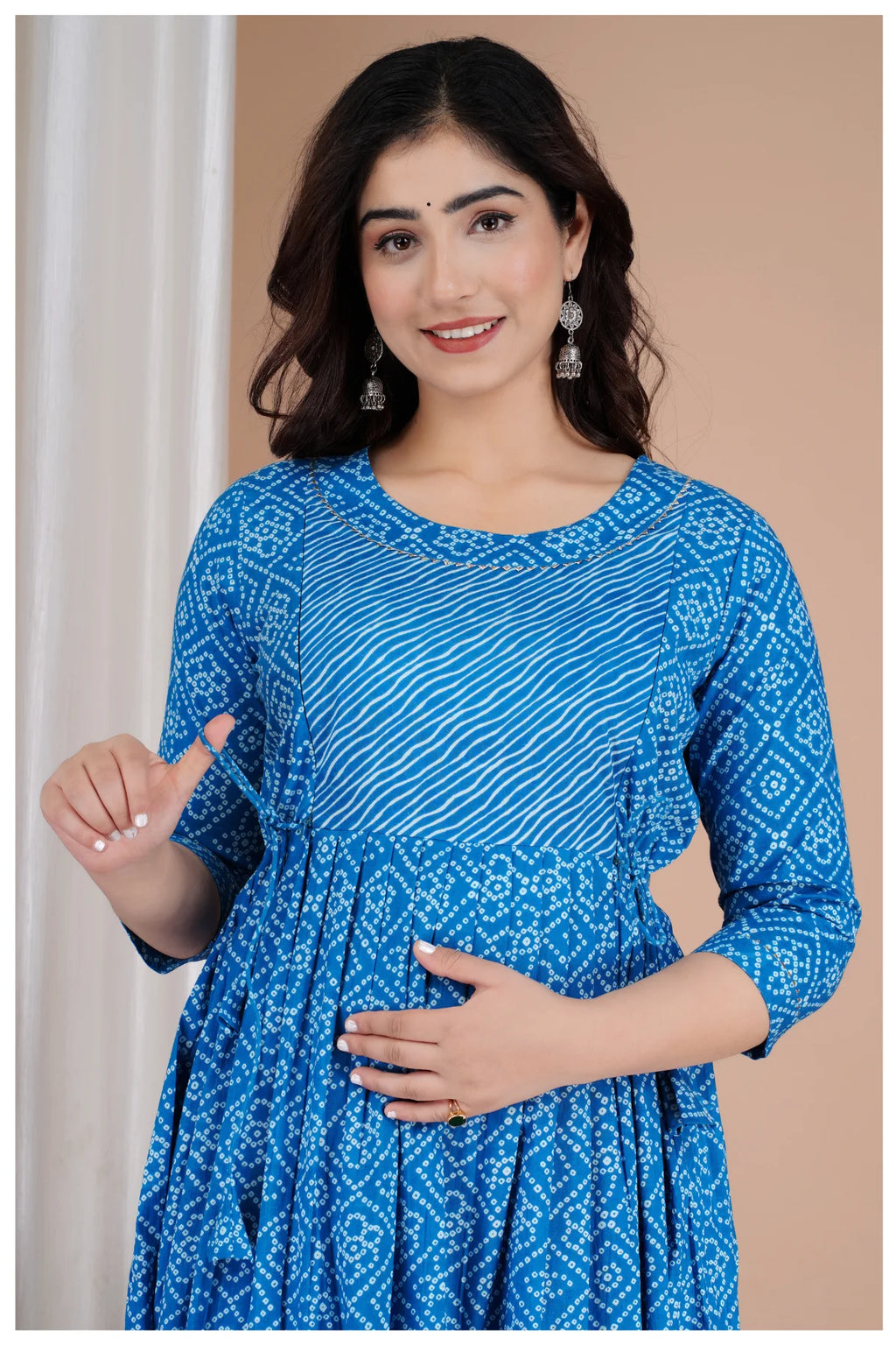 Blue Printed Cotton Maternity & Feeding Kurti with Side Zip